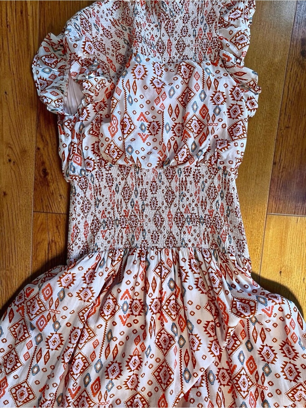 AQUA Boho Smocked Cotton Maxi Dress XL Pink Geometric Flutter Sleeve - Picture 10 of 10